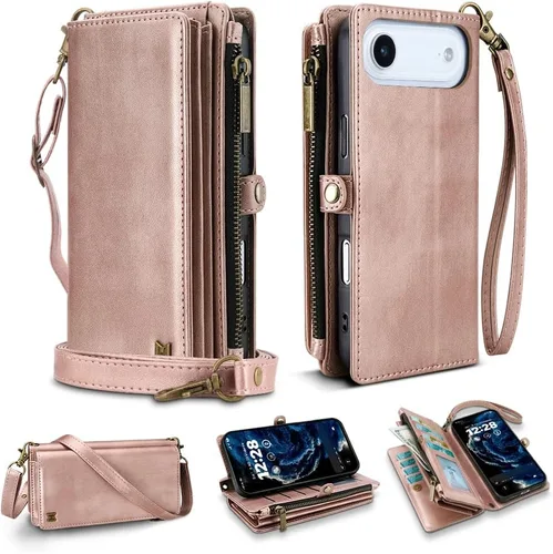 Vista 63 de Funda tipo cartera para iPhone 16 Pro Max con 8 tarjeteros, bloqueo RFID, piel sintética, función atril, abatible, correa de muñeca y correa