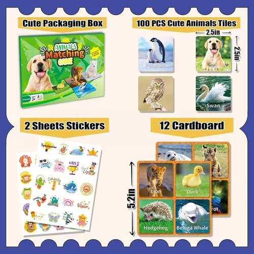 Vista 2 de YTSQLER Juego de emparejamiento de animales para niños 100 piezas Juego de cartas de memoria para niños pequeños Actividades de aprendizaje
