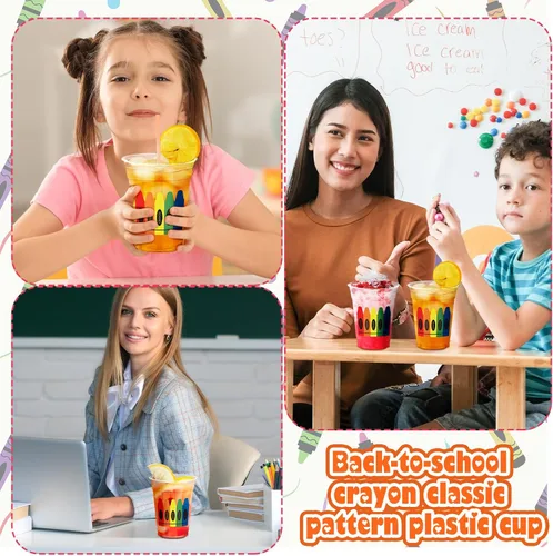 Vista 6 de Funnymoom 100 vasos de plástico de 12 onzas para el regreso a clases, vasos de crayón a granel, vasos desechables para el primer día de escuela