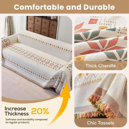 Vista 2 de 71"x71" Reversible Boho Chenille Couch Cover Sofa Slipcover for Dogs Fade-Resistant Sofa Cover for 2-3 Cushion, L-Shape Sectional Sofa Soft