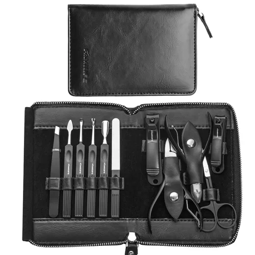 Vista 10 de FAMILIFE - Kit de manicura profesional para uñas, 11 en 1, de acero inoxidable, con estuche de viaje portátil de cuero negro, regalos de lujo para él