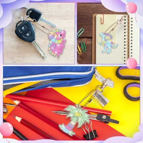 Vista 5 de FLAFARY Kits de pintura de diamantes Gemas grandes 5D Llaveros de pintura de diamantes de dinosaurio Artes y manualidades para niños de 6 a 8 12