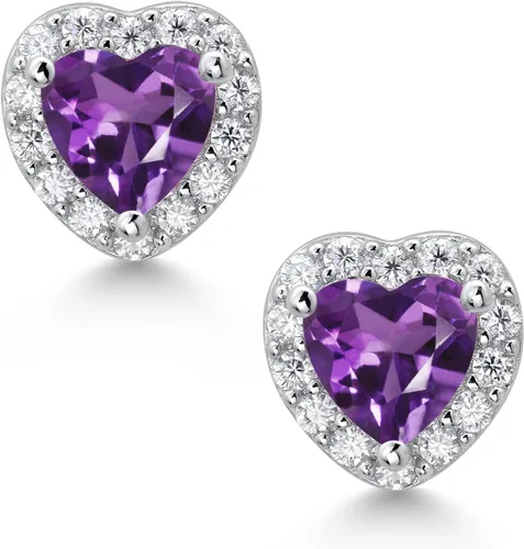 Vista 2 de Gem Stone King Aretes de plata de ley 925 con amatista púrpura y moissanita blanca para mujer (1.06 quilates, forma de corazón de 0.197 in), Metal