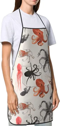 Vista 4 de BREAUX Color Octopus Print Apron, Apron With Pockets, Adjustable Bib Apron, Chef'S Apron, Bbq Apron, White