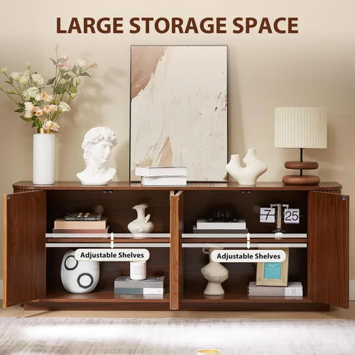 Vista 5 de Aparador de buffet de 64 pulgadas con almacenamiento, moderna credenza acanalada con estantes ajustables, mesa consola de barra de café de madera