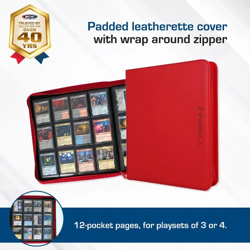 Vista 2 de BCW Z-Folio LX - Cartera con cremallera – Álbum de 12 bolsillos de cuero sintético rojo premium – Cremallera segura – Capacidad de 480 tarjetas