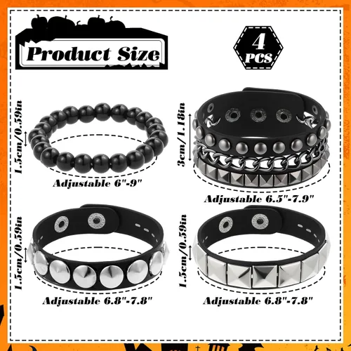 Vista 2 de Vin Beauty 4 pulseras de cuero con tachuelas para hombres y mujeres, pulseras de cuero punk, con tachuelas de rock, joyas góticas para trajes vintage