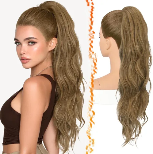 Vista 18 de BARSDAR 25 Inch Synthetic Dual Claw Clip Auburn Brown Loose Wavy Ponytail