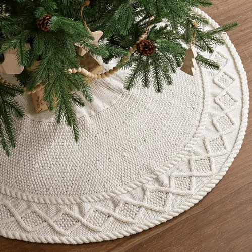 Vista 9 de Falda de árbol de Navidad de 48 pulgadas: Falda de árbol de punto de cable trenzado en diamante para árbol de 7.5 pies, falda de árbol blanco crema