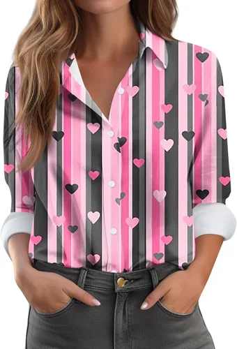 Vista 37 de Camisetas de San Valentín para mujer, camisas con botones, blusas de corazón, elegantes, informales, cuello de solapa, manga larga, suave, cómoda