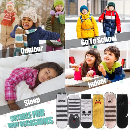 Vista 6 de LINEMIN Calcetines peludos para niños y niñas con agarres, antideslizantes, calcetines acogedores y esponjosos para invierno, calcetines cálidos