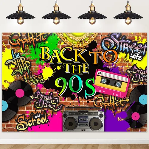 Vista 5 de Mocsicka Telón de Fondo de los Años 90 Hip Hop Graffiti Pared de Ladrillo Radio Retro Fondo de Fotografía de Moda Regreso a los Años 90 Banner