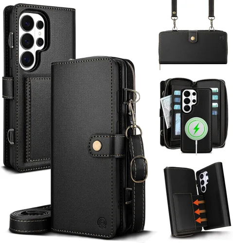 Vista 13 de Funda tipo cartera para Samsung Galaxy S25 Ultra, funda tipo cartera multifunción, desmontable 3 en 1 magnética para Galaxy S25 Ultra, funda