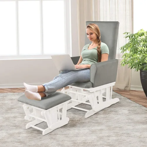 Vista 2 de Costzon Juego de cojín mecedor y otomano para bebé, muebles de madera para bebé, para siestas, lactancia, lectura, deslizador tapizado y silla Gris