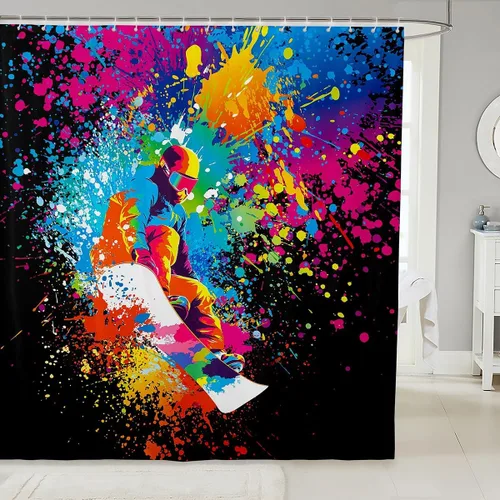 Vista 13 de Cortina de ducha de esquí negro con teñido anudado gris para niños, niñas, adultos, decoración de habitación de esquí, deportes, juegos, cortina