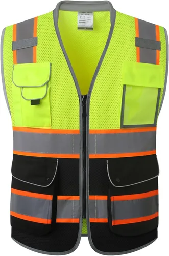 Vista 7 de JKSafety Chaleco de seguridad frontal con cremallera de alta visibilidad Clase 2 de 9 bolsillos con tiras reflectantes, cumple con las normas