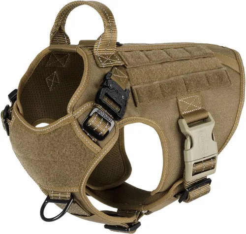 Vista 17 de ICEFANG - Arnés táctico para perros, talla S, con 2 hebillas de metal, chaleco para transportar carga, ligero y modular (MOLLE) con mango, clip