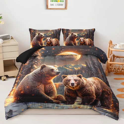 Vista 17 de AILONEN Juego de edredón con cabeza de lobo impresa tamaño individual, juego de ropa de cama de lobo para la noche para niños y hombres, juego