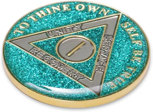 Vista 4 de Moneda de sobriedad de 1 año Ficha de aniversario de recuperación de chip AA con purpurina (aguamarina) Glitter Sparkle Alcoholics Anonymous 24k