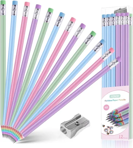 Vista 8 de Ainiv 12PCS Lápices de Papel Arcoíris Reciclados Ecológicos Sin Madera y Plástico #2 HB Lápices Número 2 Borradores Superiores con Sacapuntas