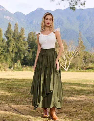 Vista 3 de Scarlet Darkness Falda larga renacentista con capas para mujer, con cintura alta, elástica, con bolsillos