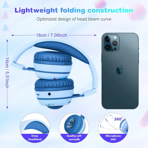 Vista 4 de QearFun Auriculares Bluetooth plegables para niños pequeños, 9 luces LED coloridas inalámbricas de dinosaurio con micrófono y conector de 0.138 in