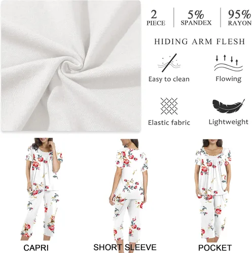 Vista 4 de POPYOUNG Conjunto de pijama de verano para mujer, 2 piezas, ropa de descanso, capri con bolsillos, ropa de dormir