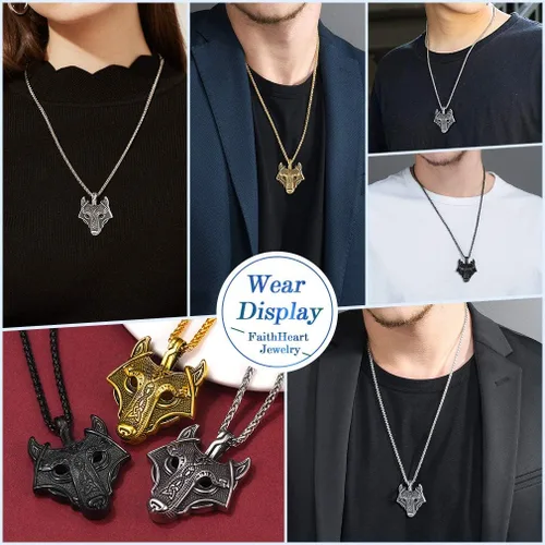 Vista 6 de FaithHeart Collar con colgante de lobo vikingo nórdico para hombres y mujeres, acero inoxidable, chapado en oro de 18 quilates, joyería con embalaje