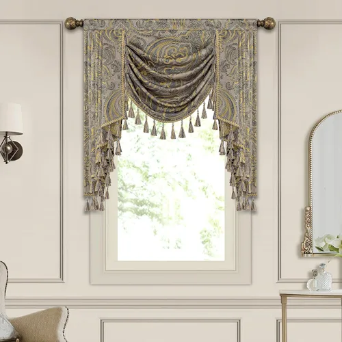 Vista 8 de Loom and Mill Cenefa de cascada de lujo de jacquard para sala de estar, elegantes cenefas de ventana con festones y cuentas damascadas, cortinas