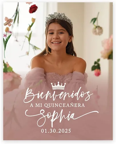 Vista 15 de Andaz Press Letrero de bienvenida de quinceañera grande personalizado, Art Deco Bienvenidos de 16 x 20 pulgadas, lienzo premontado para fotos
