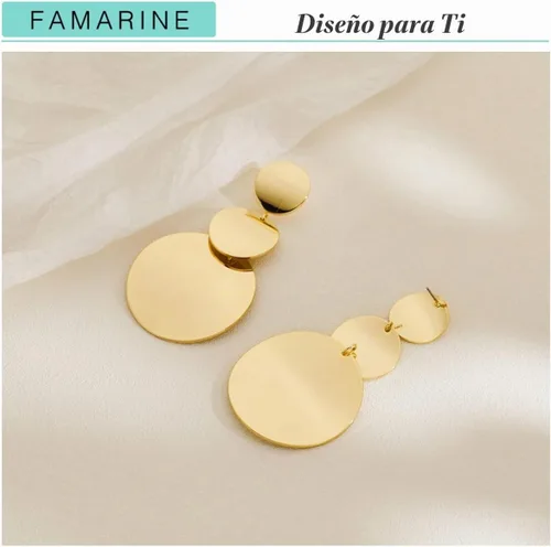 Vista 4 de FAMARINE Pendientes colgantes de disco dorado y plata para mujer