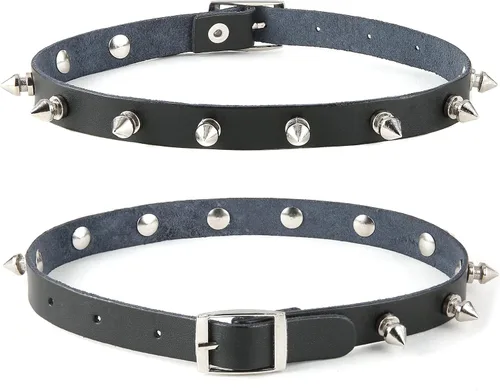 Vista 9 de HZMAN Collar Gargantilla de Cuero con Espigas Metálicas, Puños Puntiagudos y Eslabón de Seguridad para Mujeres y Hombres 01-Negro