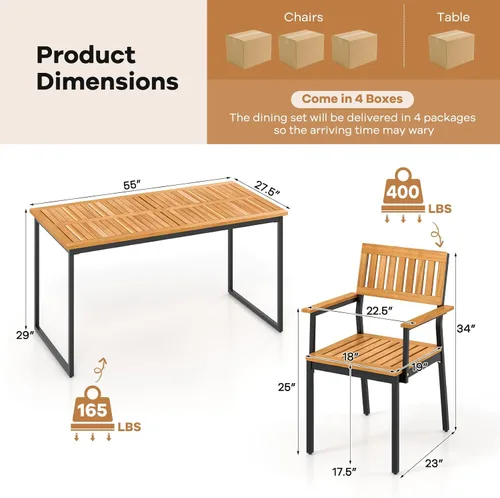 Vista 5 de Tangkula Juego de comedor al aire libre de 7 piezas para 6, mesa de comedor rectangular de madera de acacia y 6 sillones con marco de metal, agujero