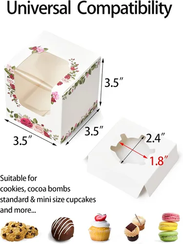 Vista 3 de Happyhiram Cajas para magdalenas, 12 unidades, rosas florales, mini caja de regalo individual para el día de la madre, hojas botánicas, recipientes