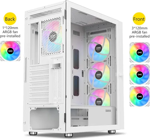 Vista 2 de SAMA 3509 Carcasa de PC de torre media ATX blanca - Parte frontal de malla de acero, panel lateral de vidrio templado con bisagras, 4 ventiladores