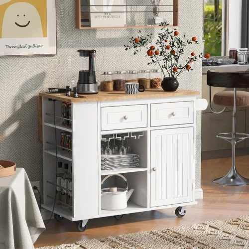 Vista 14 de Delicate Rolling Kitchen Island Cart with Rubber Wood Drop-Leaf Countertop and Lockable Rollers,Storage Cabinet and 2 Drawers,Sliding Barn Door