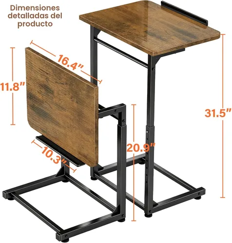 Vista 2 de Mesa para Bandeja de TV, Mesa Lateral para Sofá Ajustable en 8 Alturas, Mesa de Extremo en Forma de C con Ajuste de Ángulo de Inclinación de 90°