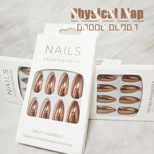 Vista 3 de Uñas postizas a presión cromadas de bronce y almendra mediana, uñas postizas de aguja con diseño brillante, uñas postizas acrílicas de metal
