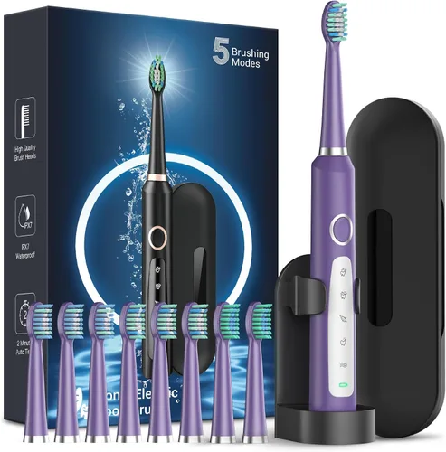 Vista 16 de Rtauys Cepillo de dientes eléctrico M5 para adultos, cepillo de dientes eléctrico sónico para niños y adultos con 8 cabezales de cepillo y estuche