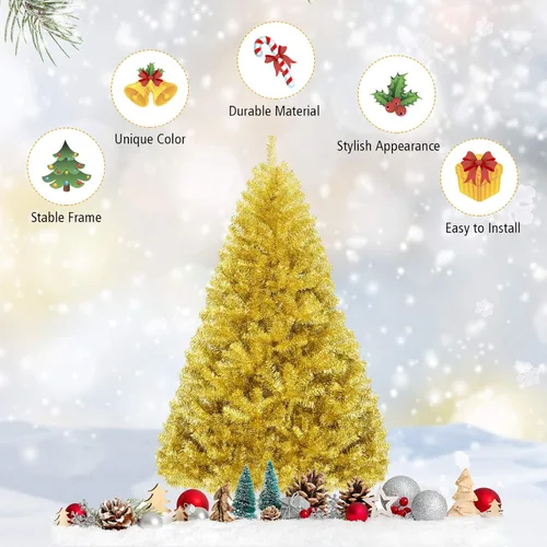 Vista 4 de DREAMADE Árbol de Navidad de oropel dorado, pino artificial de 6 pies sin encender con 1036 ramas completas, soporte de metal, diseño con bisagras