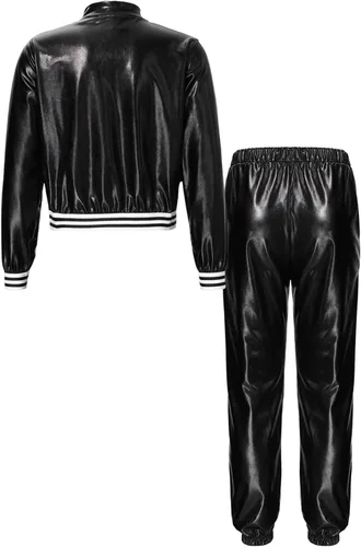 Vista 2 de TiaoBug Disfraz de baile de jazz hip hop para niños y niñas, brillante, metálico, manga larga, chaqueta bomber y pantalones deportivos