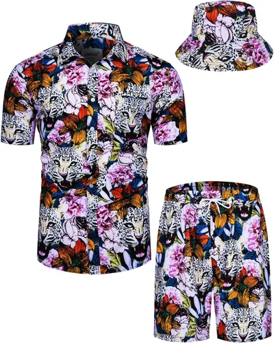 Vista 36 de TUNEVUSE Conjunto de camisas y pantalones cortos hawaianos para hombre, 2 piezas, trajes de playa con estampado de flores, traje tropical de verano