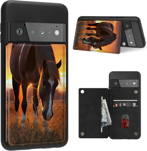Vista 8 de Funda para Google Pixel 6 Pro con ranura para tarjetero, funda de piel sintética, doble cierre magnético y cubierta duradera de poliuretano girasol