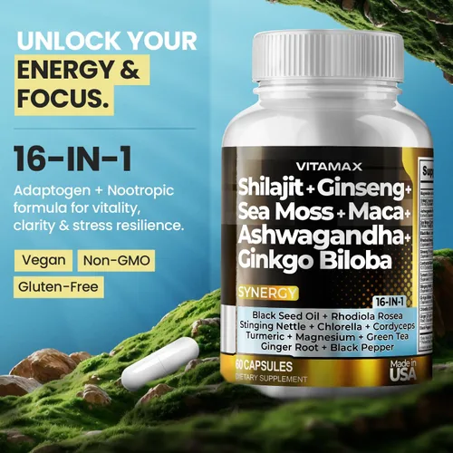 Vista 3 de Vitamax Suplemento puro de shilajit del Himalaya, Ashwagandha, musgo marino, Rhodiola Rosea, Gingko Biloba, cápsulas de ácido fúlvico y minerales
