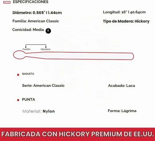 Vista 6 de Baquetas con punta de nailon Vic Firth American Classic 5AN