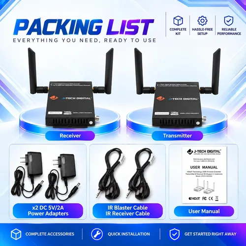 Vista 6 de J-tech Digital serie HDbitT de 1 x 2 inalámbrico HDMI se Extiende a 660 pies Antena doble admite full HD 1080P con transmisión de señal IR