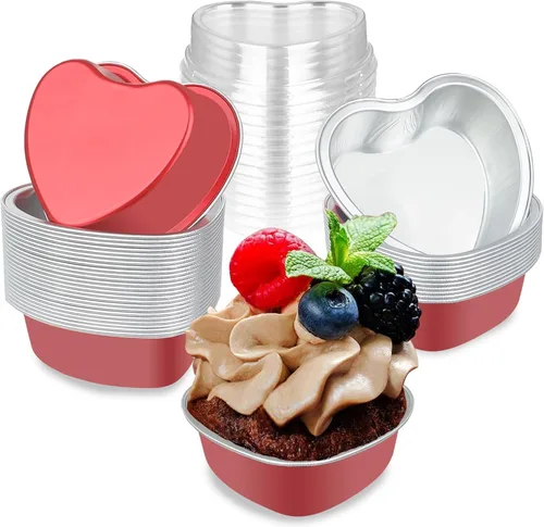 Vista 10 de Moldes para pasteles en forma de corazón de 3.5 pulgadas, molde de papel de aluminio con tapas, 25 piezas desechables de corazón pequeño