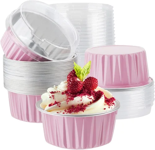 Vista 22 de EUSOAR Tazas de aluminio para hornear, paquete de 30 tazas de 5 onzas para cupcakes con tapas, moldes de pastel de 4.2 fl oz, flanes de postres
