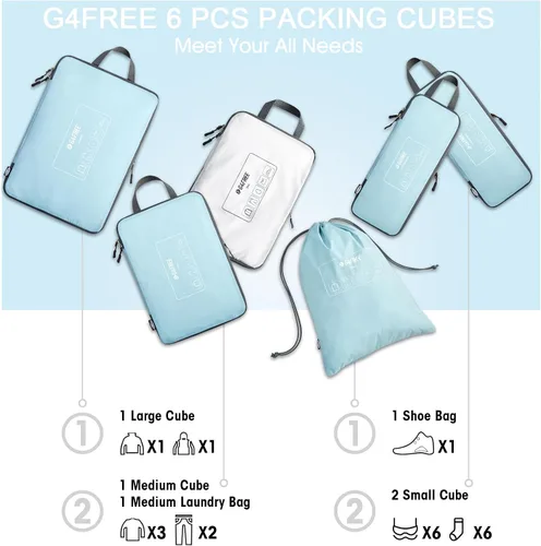Vista 5 de G4Free Juego de 6 cubos de equipaje para viajes, bolsas organizadoras de equipaje para accesorios de viaje, artículos esenciales de viaje, cubos