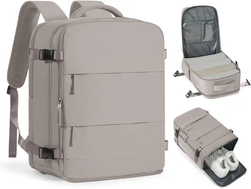 Vista 59 de Mochila de viaje grande, bolsa de mano, aprobada para aviones, para artículos personales, para hombre o mujer, color beige con marrón
